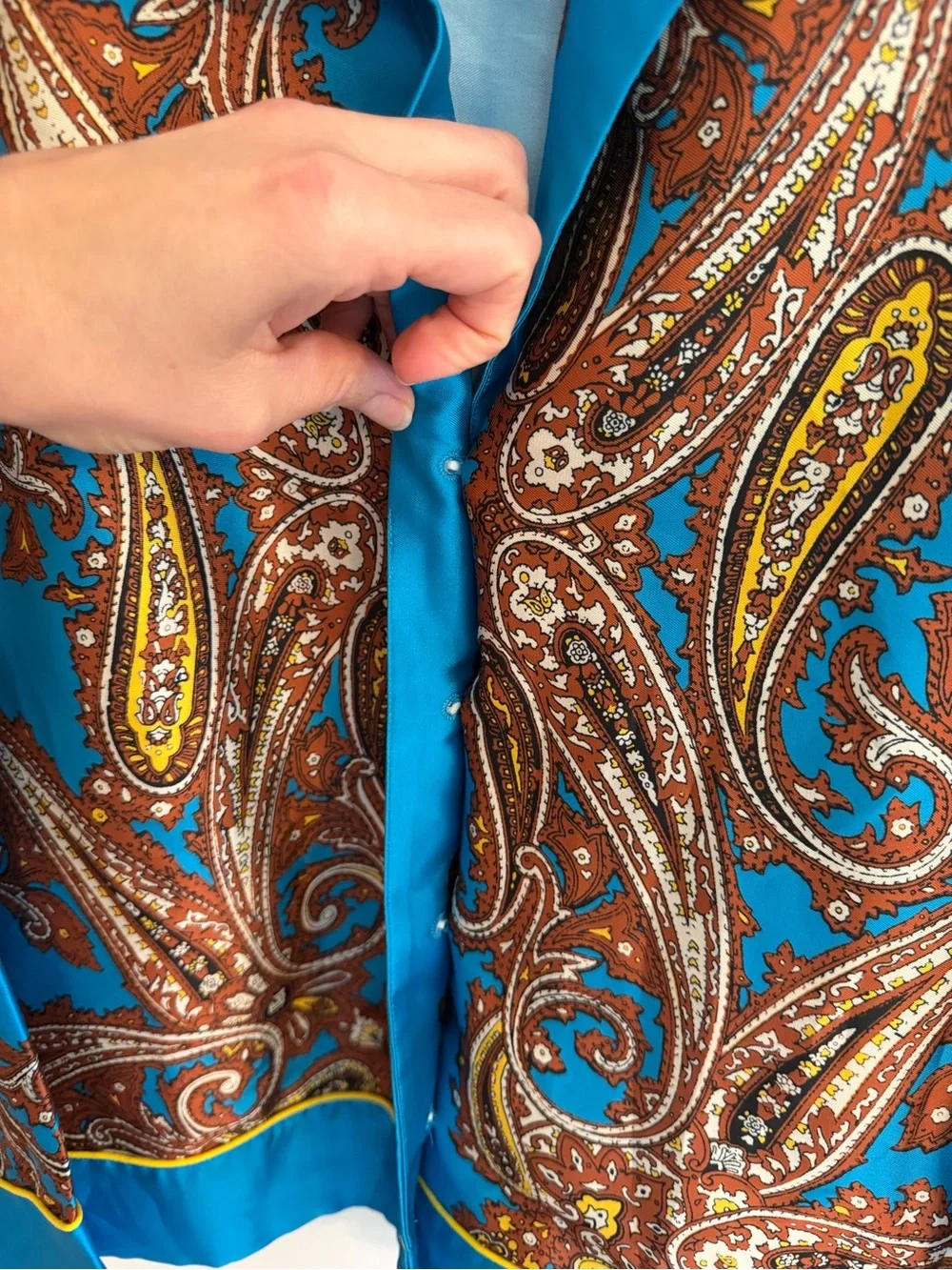 J Crew Drapey Paisley Button Up Shirt Blue Yellow Trim Medium